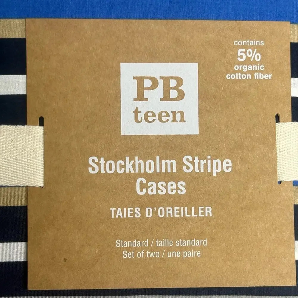Pottery Barn Stockholm Stripe Set of 2 Pillow Cases Blue Gray White Navy NWT NEW